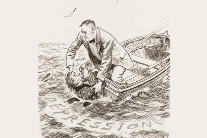 ‘The Illegal Act’: Roosevelt, in a boat named National Recovery, struggles to save Uncle Sam from the Depression. The cartoon appeared in 1935, when the United States Supreme Court declared the National Recovery Administration unconstitutional