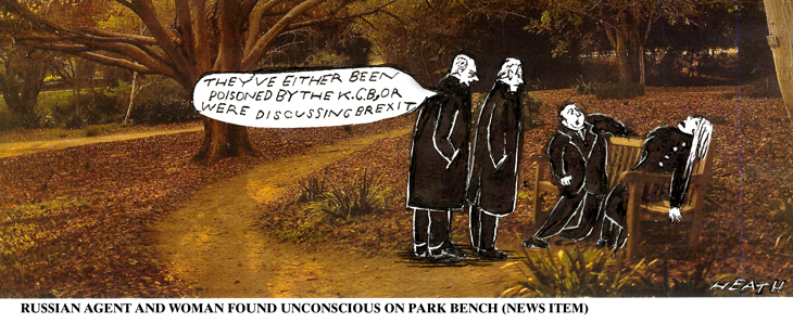 Man and woman found unconscious on a park bench. Observers: "They've either been poisoned by the K.G.B., or were discussing Brexit."