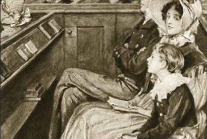 John Ruskin as a boy, seated beside his mother, listening to the sermon