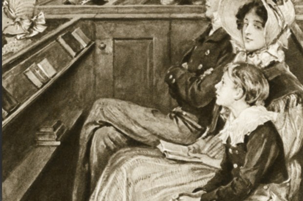 John Ruskin as a boy, seated beside his mother, listening to the sermon