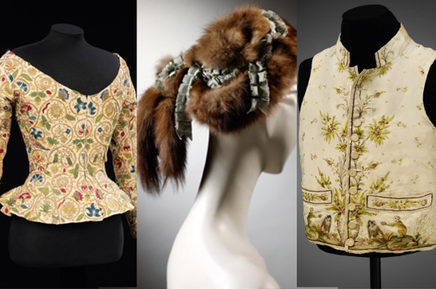 From left to right: embroidered linen jacket, 1620s; pine marten fur hat, Caroline Reboux, 1895; man’s silk waistcoat embroidered in silk with a pattern of macaque monkeys, 1780–89