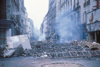 A barricade of paving stones in the Latin Quarter of Paris, May 1968