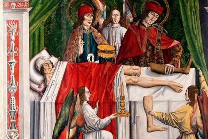 ‘A verger’s dream: Saints Cosmas and Damian performing a miraculous cure by transplantation of a leg’. The Spanish altarpiece by the Master of Los Balbases depicts a vision described in Jacobus de Voragine’s late medieval Legenda Aurea. (From Medieval Bodies, by Jack Hartnell)