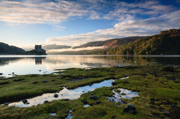 Eilean Donan Castle on Skye, with peat bog and marsh in the foreground