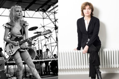 Viv Albertine, left, at Alexandra Palace, 1980; and right, today