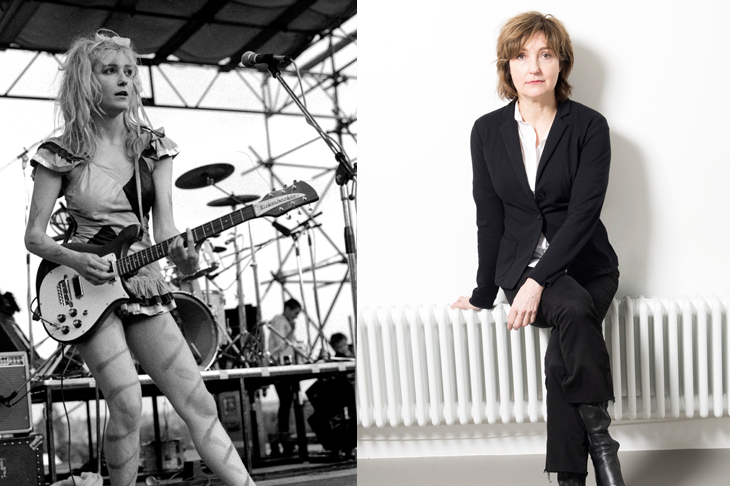 Viv Albertine, left, at Alexandra Palace, 1980; and right, today