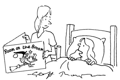 Mother reading to her child at bedtime, a book called 'Room on the broom' which shows a witch on the cover" ‘Is it Ryanair’s alternative transport policy?’