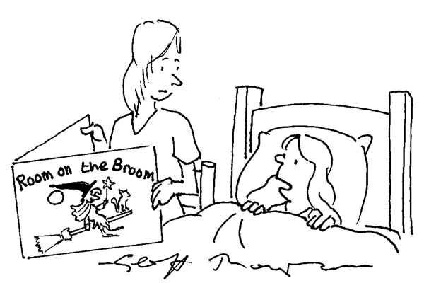 Mother reading to her child at bedtime, a book called 'Room on the broom' which shows a witch on the cover" ‘Is it Ryanair’s alternative transport policy?’