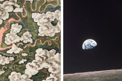 The earliest aerial drawing, made from a balloon basket, by Thomas Baldwin, 1785, left, and Apollo 8’s ‘Earthrise’, right, 50 years old