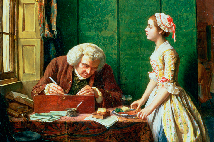 Johnson has a plate of food sent to him behind a screen at his publisher’s office. Painting byHenry Wallis