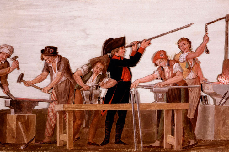 The many components of the flintlock on a late 18th-century rifle were made by hand and had to be filed to fit