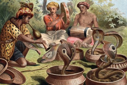 A 19th-century engraving by Alfred Edmund Brehm of Indian snake-charmers