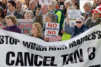 Campaigners protest against government plans to build huge new windfarms in Wales in 2011. Credit Getty Images