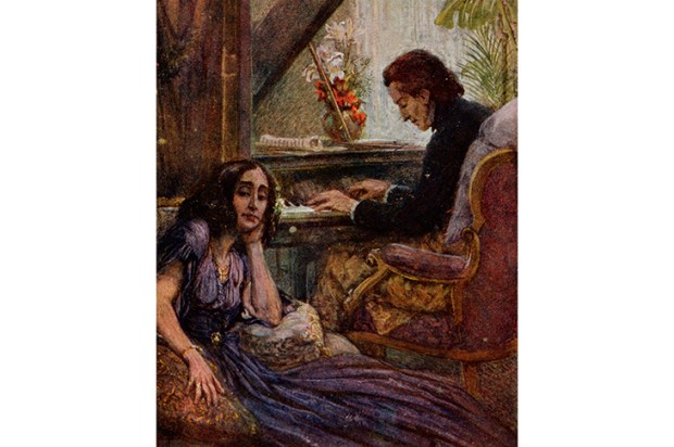 George Sand listening to Chopin play the piano (Adolf Karpellus, private collection)