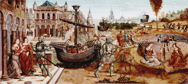 Theseus kills the Minotaur at the centre of the labyrinth. On the left, Ariadne gives him a ball of thread so that he can find his way out.