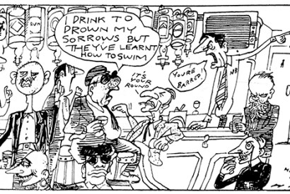 The drinkers of the Coach and Horses in Michael Heath’s ‘The Regulars’ cartoon strip. Christopher Howse sits at the right end of the bar