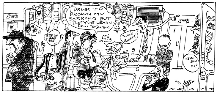 The drinkers of the Coach and Horses in Michael Heath’s ‘The Regulars’ cartoon strip. Christopher Howse sits at the right end of the bar