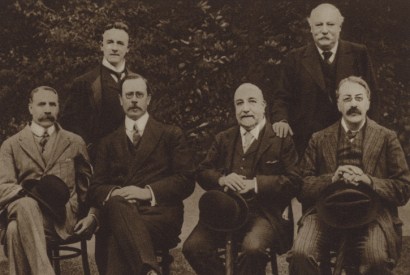 Before the dawn: Sir Edward Elgar, Sir Dan Godfrey, Sir Alexander Mackenzie and Sir Charles Stanford, seated. Standing: Sir Edward German and Sir Hubert Parry. Bournemouth Centenary Festival, 1910
