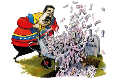 Illustration of Maduro wheelbarrowing money into a grave with a headstone marked 'Venezuela'