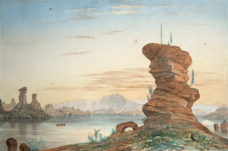 Lake Kolyvan in the Altai Republic. Watercolour by Thomas Atkinson