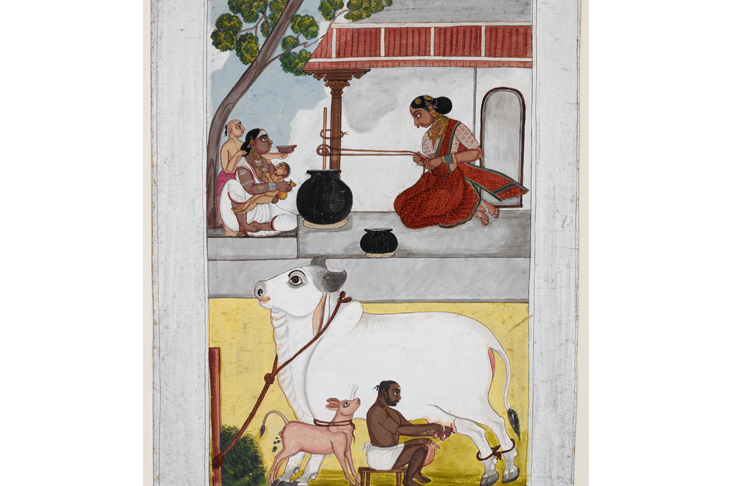 A woman churns butter while her customer and children wait. Below, her husband milks a cow with a calf tied to it
