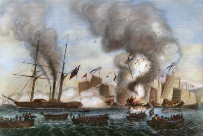 The First Opium War: The East India Company’s Nemesis and other boats destroy the Chinese war junks in Anson Bay, 7 January 1841 [Bridgeman Art Library]