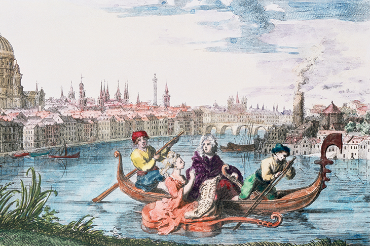Handel is rowed in a gondola on the Thames, in an illustration for ‘The Water Music’