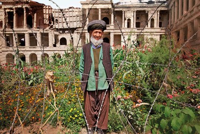Mohammed Kabir, aged 105, in a garden he created in the courtyard of the ruined Darulaman Palace in Kabul for the soldiers stationed there