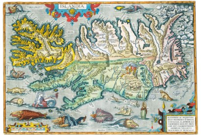 ‘Islandia’: map of Iceland , complete with sea monsters, from the 16th-century Theatrum Orbis Terrarum by Abraham Ortelius