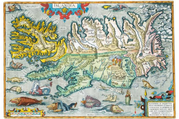 ‘Islandia’: map of Iceland , complete with sea monsters, from the 16th-century Theatrum Orbis Terrarum by Abraham Ortelius