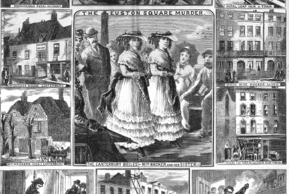 The central image is of the middle-aged Matilda Hacker and her sister Amelia, strolling on the seafront in Kent. Dressed identically in flounced skirts, lace shawls and gaudy sashes, they were referred to as ‘the Canterbury belles’. Cover of The Illustrated Police News, 7 June 1879