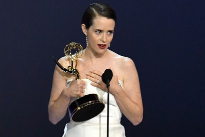 Claire Foy accepts the best actress Emmy for her role as Queen Elizabeth II in The Crown. Photo: Getty