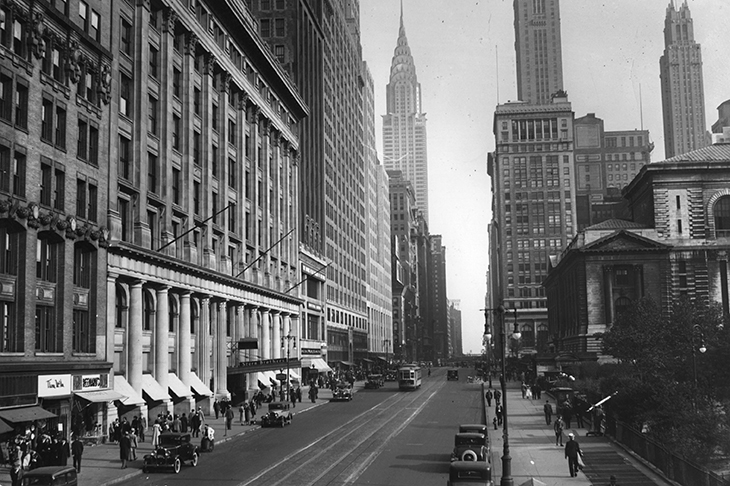 circa 1935: A view east on 42nd Street in New York City towards the Chrysler Building. (Photo by Hulton Archive/Getty Images)