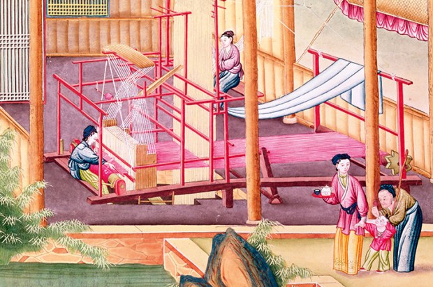 Silk-weaving in China. An illustration from a book on the silk industry. Chinese school, 19th century