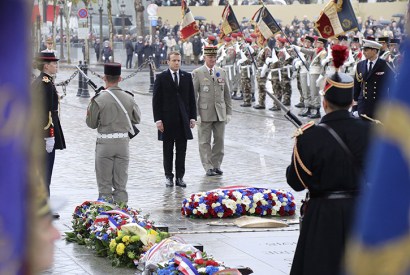 French President Emmanuel Macron during a wreath laying ceremony in front of the Tomb of the Unknown Soldier at the Arc de Triomphe in Paris on November 11, 2017 during the Armistice Day commemorations marking the end of the first world war
