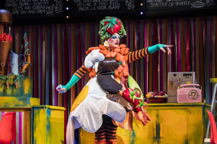 Carl Mullaney as a charismatic Dame in Lyric Hammersmith's Dick Whittington. [Photo: Tristram Kenton]