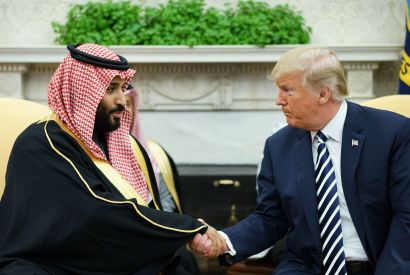 US President Donald Trump shakes hands with Saudi Arabia's Crown Prince Mohammed bin Salman in the Oval Office of the White House, March