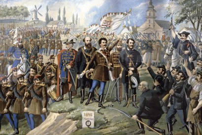 ‘Arise Hungarians, your country calls you!’ The poet Sandor Petofi declaims the famous ‘Talpra Magyar’ on 15 March 1848. Lajos Kossuth stands to the right