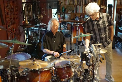 Doors drummer John Densmore and Police percussionist Stewart Copeland. Photo: BBC / Somethin’ Else Sound Directions Ltd / Nico Wasserman