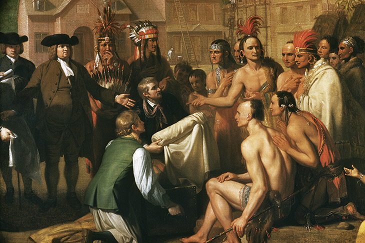 Detail of ‘Penn’s Treaty with the Indians’ by Benjamin West. Though William Penn was celebrated for his humane treatment of Native Americans, his heirs swindled the Lenape out of a million acres of territory