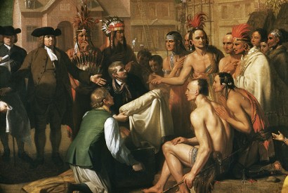 Detail of ‘Penn’s Treaty with the Indians’ by Benjamin West. Though William Penn was celebrated for his humane treatment of Native Americans, his heirs swindled the Lenape out of a million acres of territory