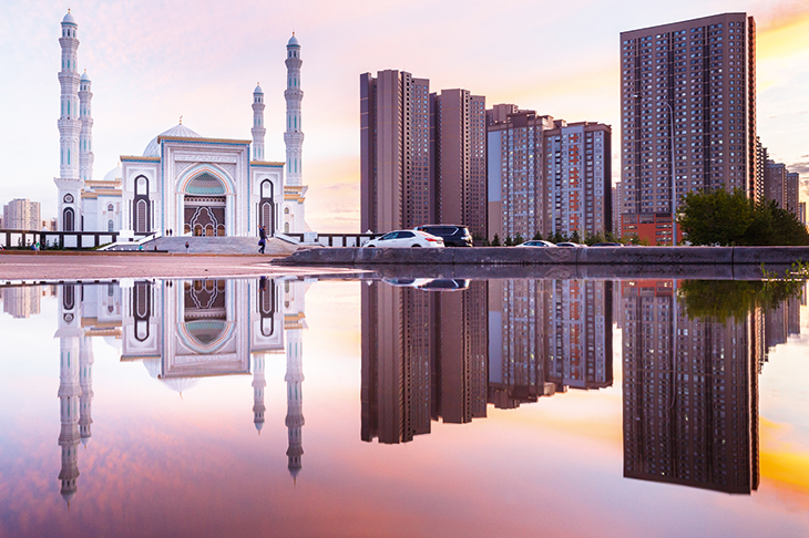 The Khazret Sultan Mosque in the sparkling new city of Astana, built at a breathtaking pace to replace Kazakhstan’s former capital Almaty