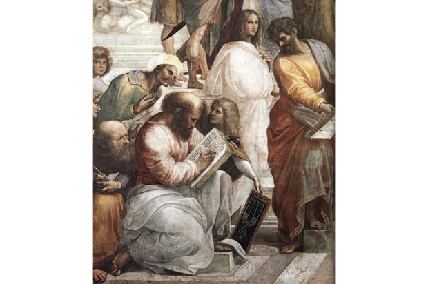 Detail of Raphael’s ‘The School of Athens’, with Pythagoras in the foreground. Hypatia, the first great female mathematician, is in white, beside a figure thought to be Parmenides