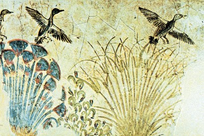 Wall painting of waterfowl flying out of the reeds, with papyrus on the left. From the tomb of Akhenaten, c. 1375 BC