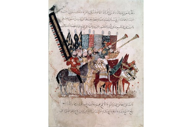 The final fanfare for the caliphs before the coming of the Mongol hordes. A manuscript miniature from al-Hariri’s Maqamat, showing the caliph’s mounted standard bearers