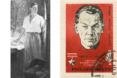 The seducer and the spy: left, a reproduction of Anatoly Gorpenko’s portrait of the ‘master spy’;above, a Soviet commemorative stamp to mark Sorge’s ‘rehabilitation’ in 1961