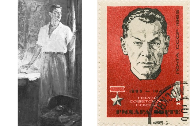 The seducer and the spy: left, a reproduction of Anatoly Gorpenko’s portrait of the ‘master spy’;above, a Soviet commemorative stamp to mark Sorge’s ‘rehabilitation’ in 1961
