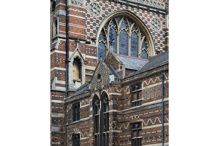 Keble College chapel, Oxford, designed by William Butterfield, whose churches were an intentionally ugly rebuke to oppressive Georgian architecture