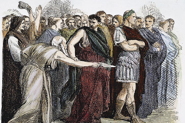 Brutus’s betrayal is a tragic inevitability. The soothsayer warns Julius Caesar to ‘Beware the Ides of March’, in a 19th-century wood engraving by Sir John Gilbert