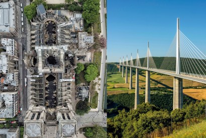 Notre Dame from above (image: Lana Sator) and, right, Michel Virlogeux and Norman Foster's Millau Viaduct (image: Bernard Jaubert / Imagebroker / Rex / Shutterstock)